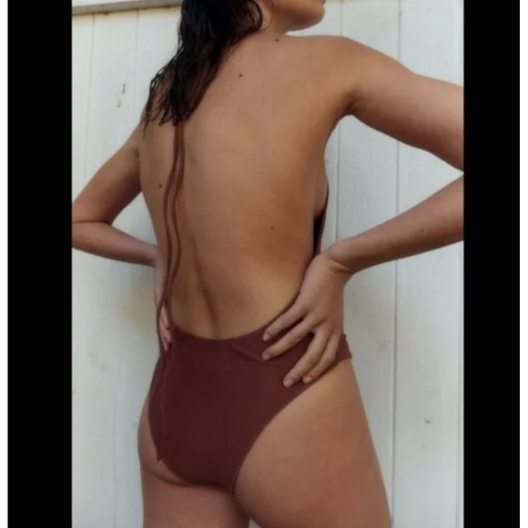 NWT Zara Cut Halter Swimsuit Mocha Brown Sz S - Picture 2 of 6